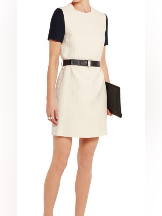 Victoria Beckham Dresses & Skirts - Victoria Beckham Cream Navy Blue Sleeves Belted Cloque Mini Dress